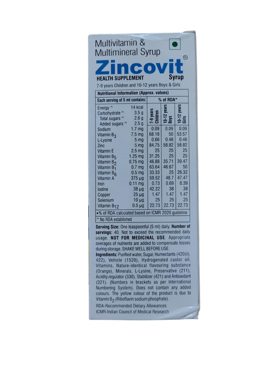 Zincovit - Bottle of 200 ml Syrup