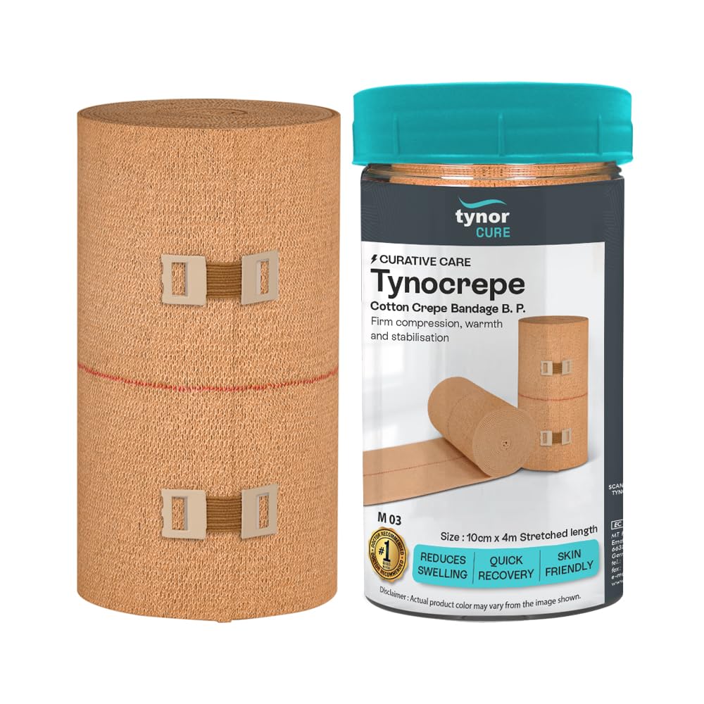 Tynor Tynocrepe, Cotton Bandage | Elastic Crepe Bandage for Compression, Support & Injury Care | Garam Patti for Hand, Knee, Leg & Wrist | 1 Unit (Beige, 8cm x 4m)