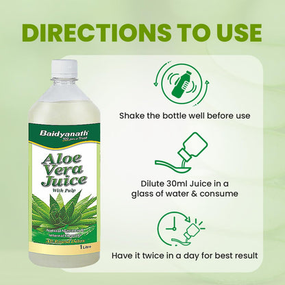 Baidyanath Aloe Vera Juice (with Pulp)- 1000ML | No Added Sugar | Source of Natural Nutrients, Boosts Immunity & Digestion