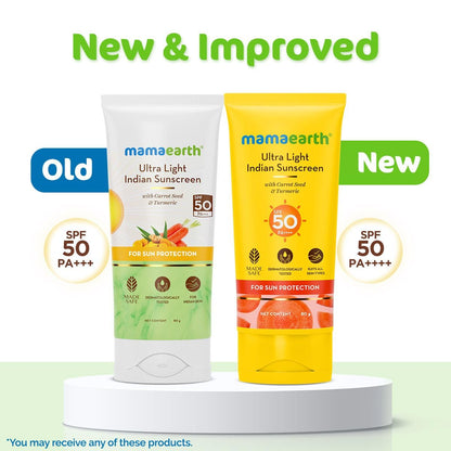 Mamaearth Ultra Light Indian Sunscreen with Carrot Seed & Turmeric | SPF 50 PA ++++ | UVA & UVB Protection | Tan Protection | No White Cast | Non-Greasy & Quick Absorbing | Super Lightweight | Suits All Skin Types | In-Vivo Tested | 80 g