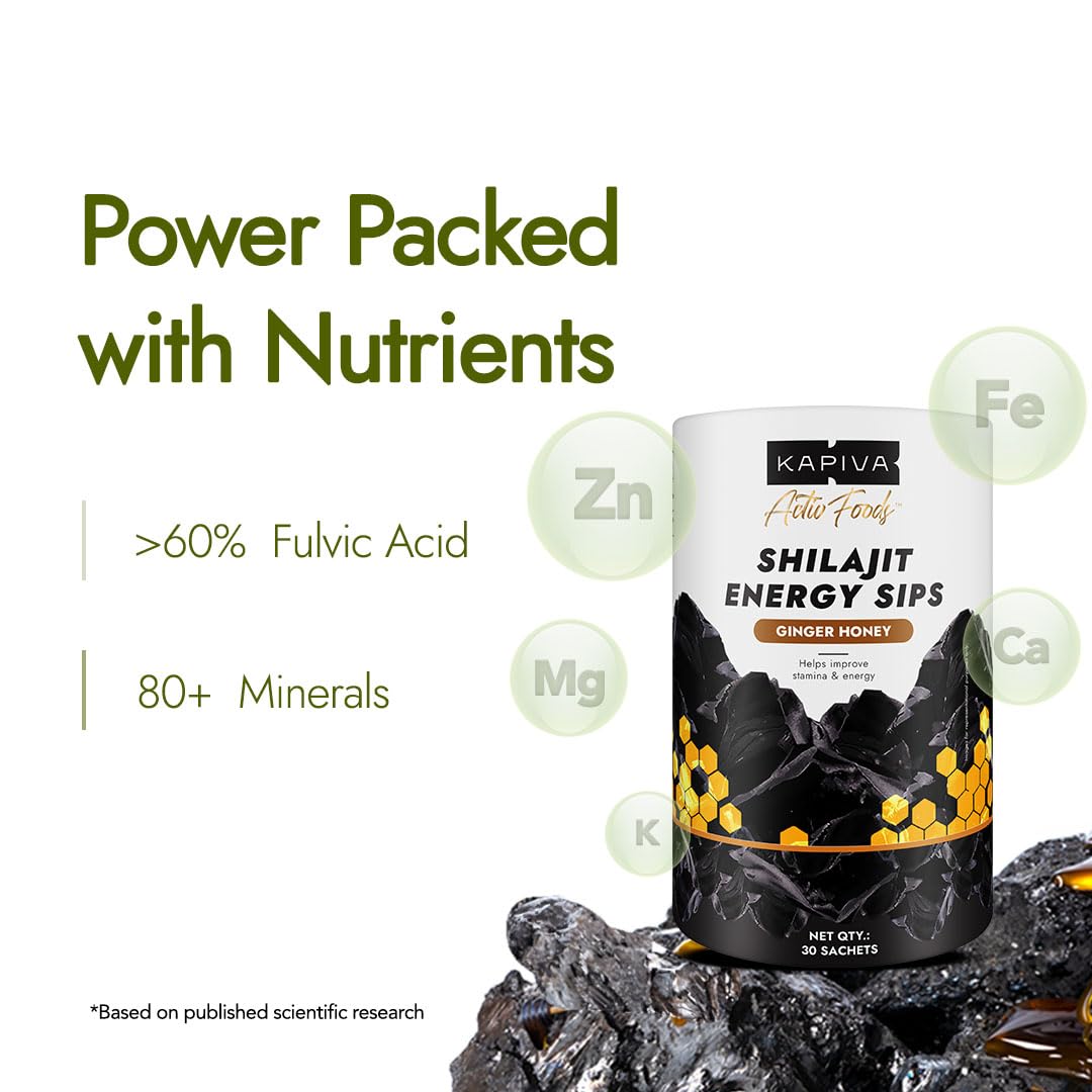 Kapiva Shilajit Energy Sips | With 100% Pure Shilajit/Shilajeet | 250mg Shilajit/Stick | Boosts Energy & Stamina | 30 Sachets | Ginger Honey Flavour (30 N)