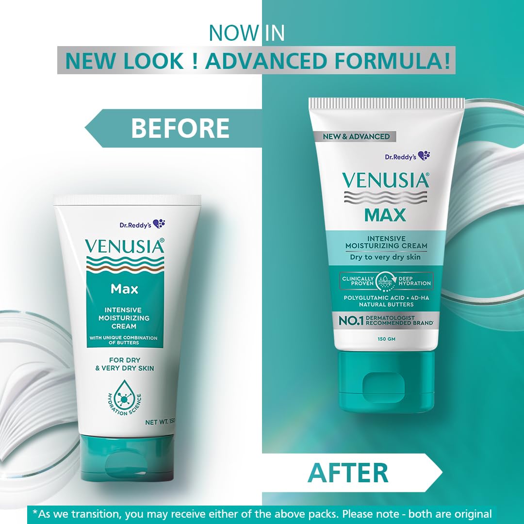 Dr. Reddy's Venusia Max Intensive Moisturizing Cream | Enriched with 4D Hyaluronic Acid & Polyglutamic Acid |For Face & Body | Dry to Very Dry Skin | 150 g