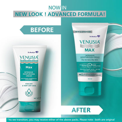Dr. Reddy's Venusia Max Intensive Moisturizing Cream | Enriched with 4D Hyaluronic Acid & Polyglutamic Acid |For Face & Body | Dry to Very Dry Skin | 150 g