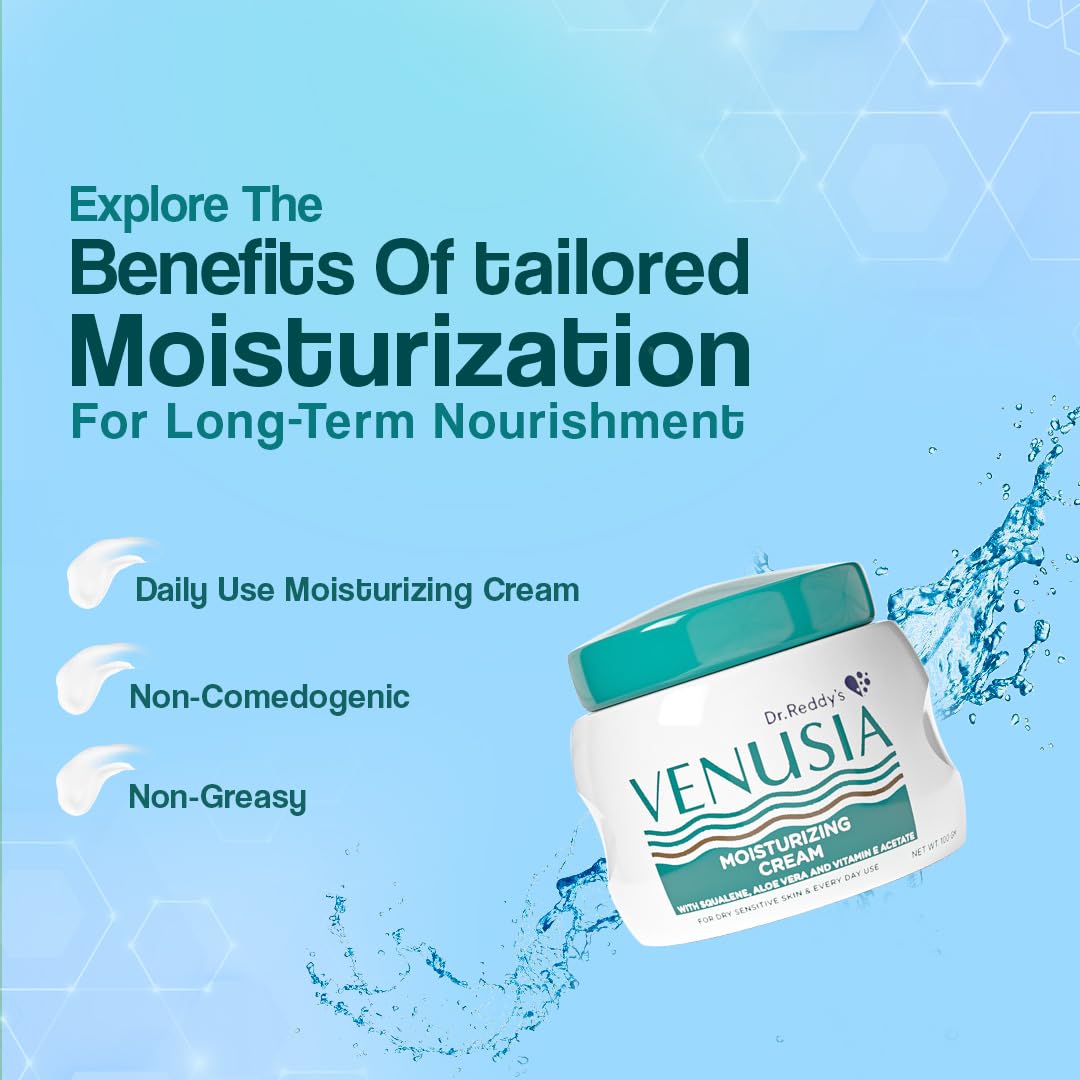 Venusia Moisturizing Cream by Dr. Reddy's I Body & face cream for dry to very dry skin IWith Aloe Vera, Vitamin E and Squalene I Upto 24 hrs hydration I Non comedogenic, Non greasy I 100g