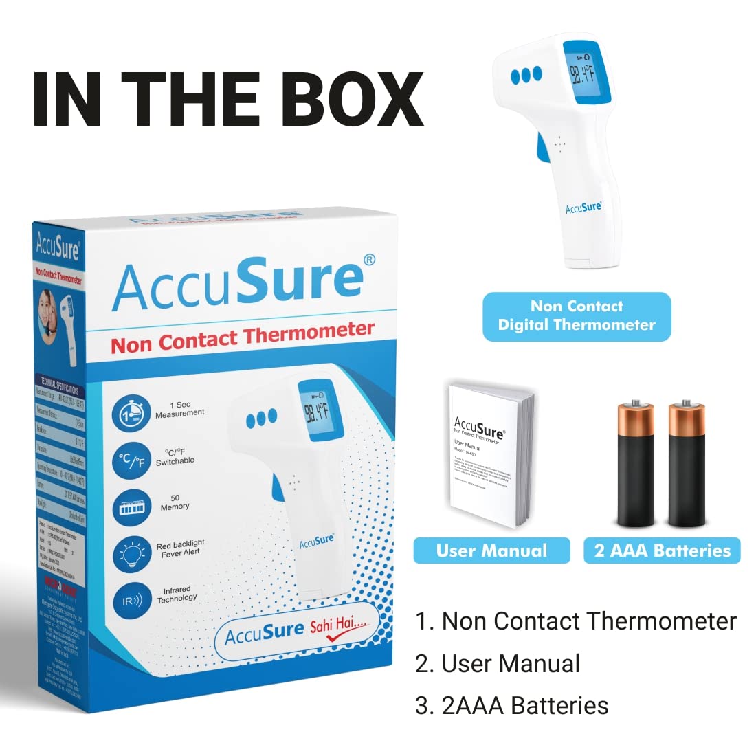 AccuSure HS Non Contact Infrared Thermometer- Digital Thermometer -Non Contact Forehead Thermometer for Adults and kids-Fever Temperature Gun