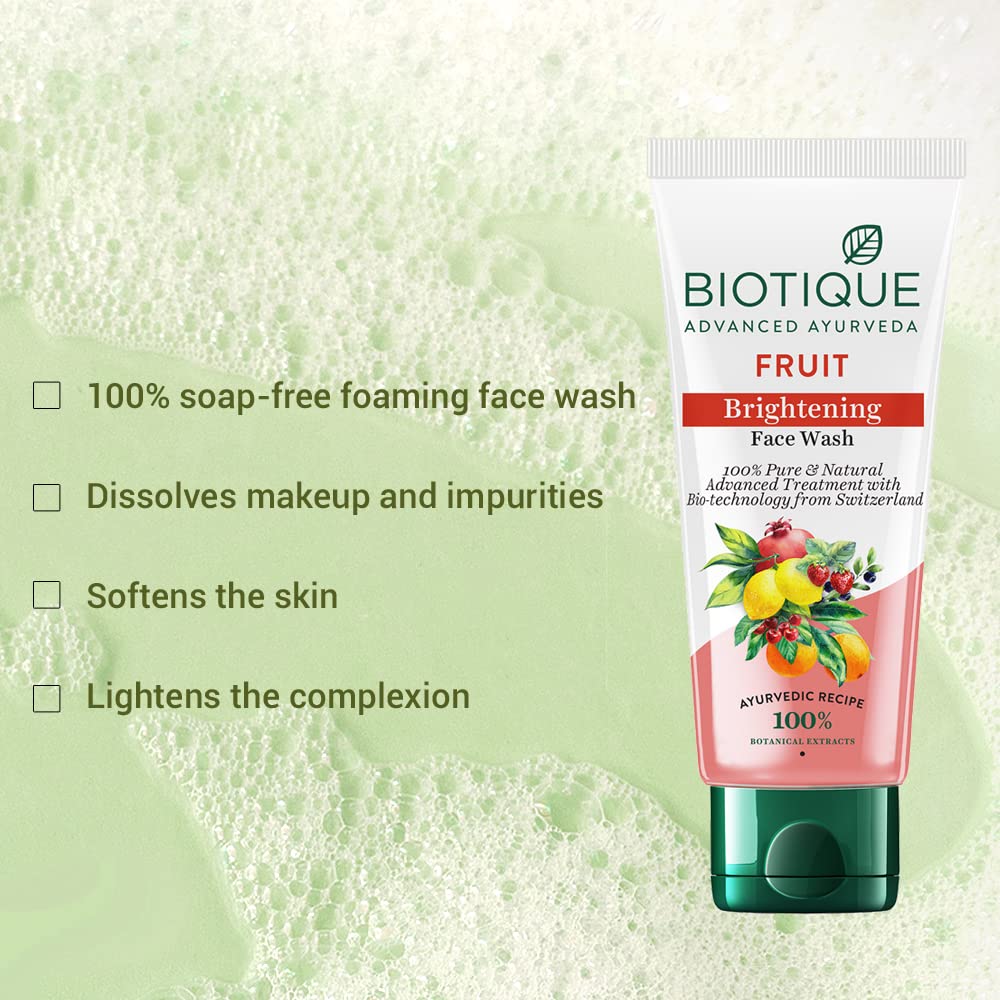 Biotique Fruit Brightening Face Wash| Ayurvedic and Organically Pure| Advanced Swiss Technology |100% Botanical Extracts| Suitable for All Skin Types | 100mL