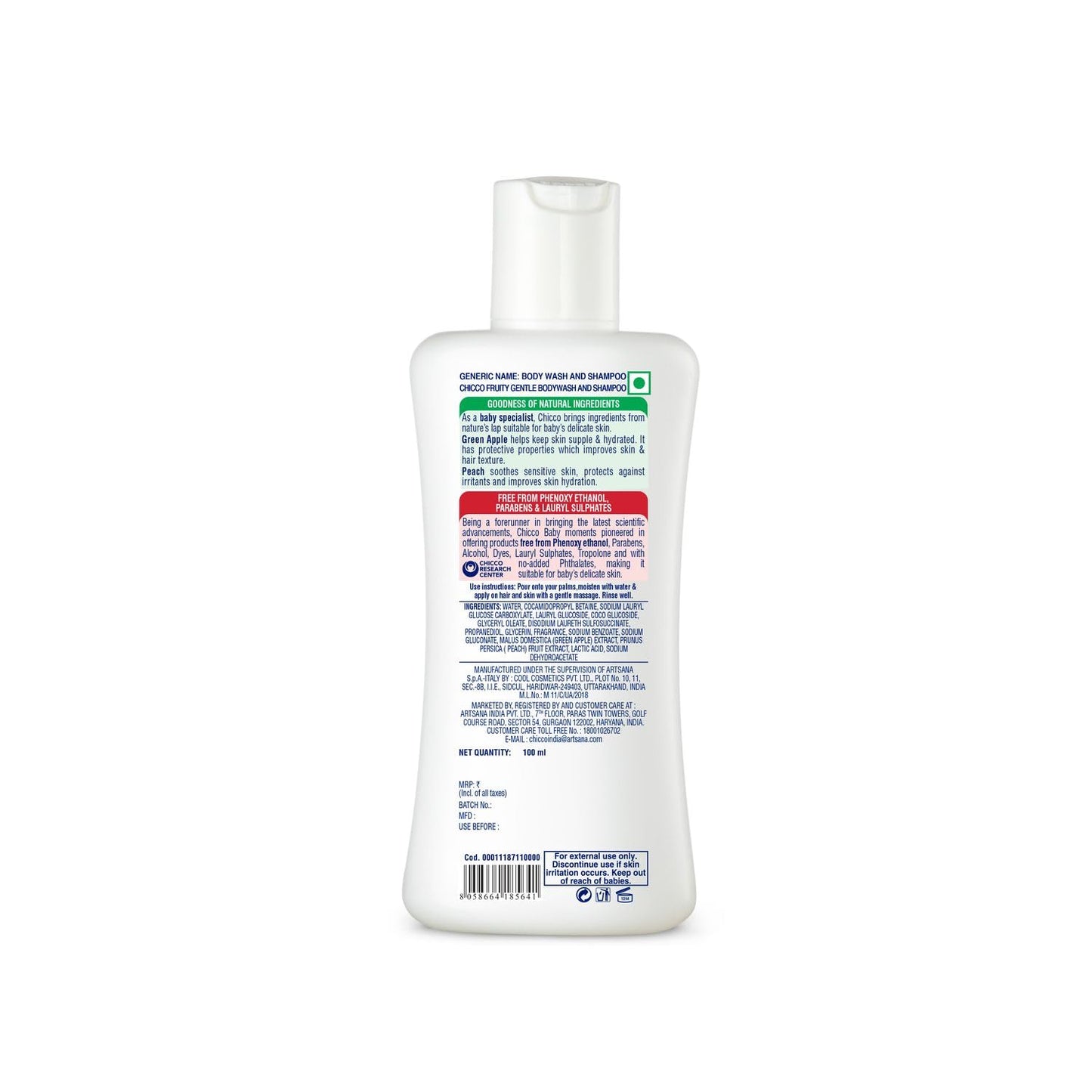 Chicco Baby Moments Gentle Bodywash & Shampoo with Green Apple & Peach, 100ml | Head-to-Toe | No Tears Formula | Hydrated Skin & Hair | Dermatologically Tested | Parabens & Phenoxyethanol Free