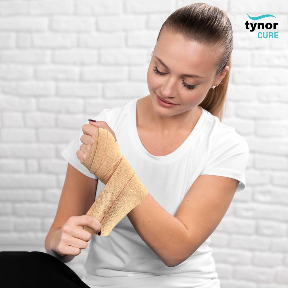 Tynor Tynocrepe, Cotton Bandage | Elastic Crepe Bandage for Compression, Support & Injury Care | Garam Patti for Hand, Knee, Leg & Wrist | 1 Unit (Beige, 8cm x 4m)