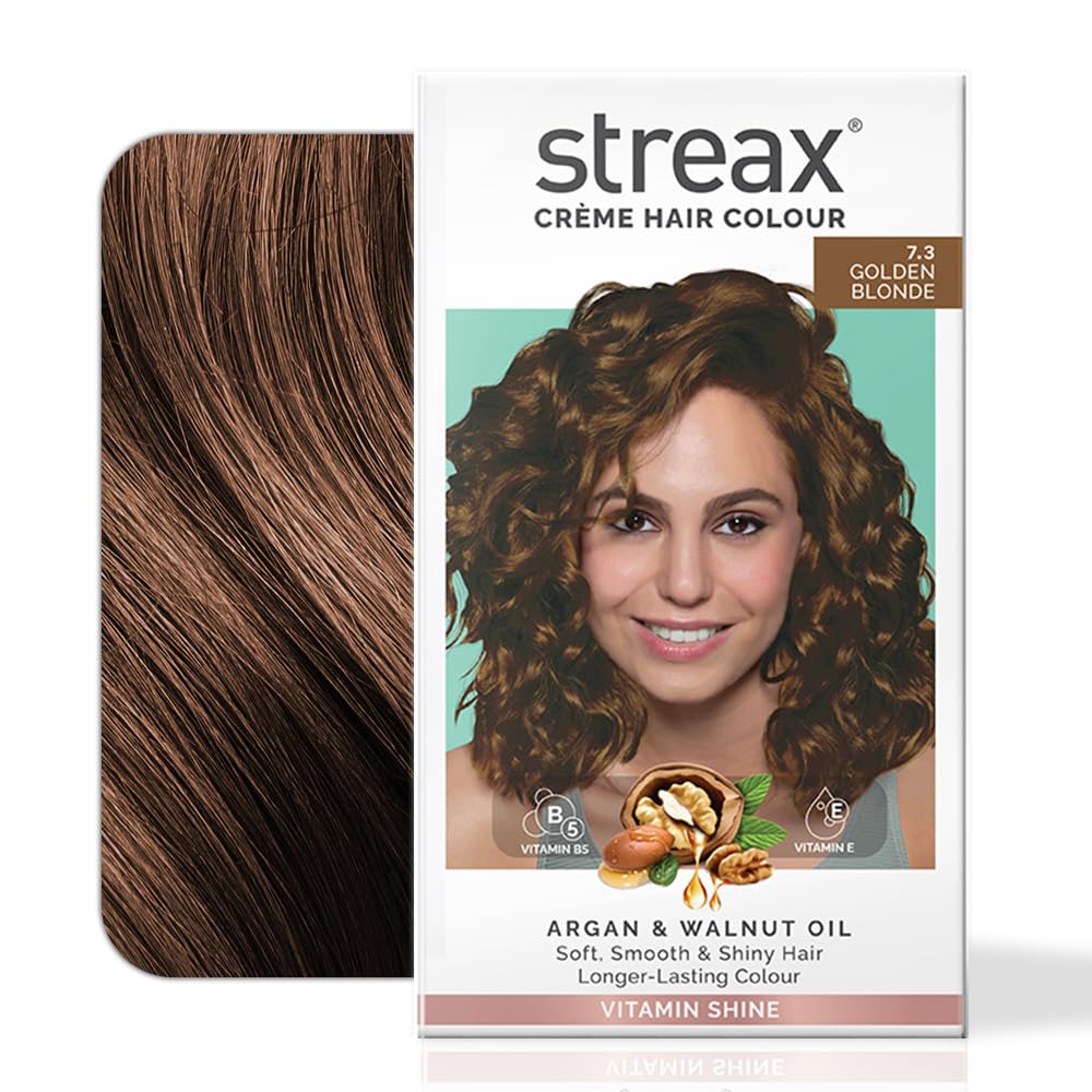 Streax Permanent Hair Colour, 100% Grey coverage, Infused with Argan and Walnut Oil, Long Lasting Cream Hair Colour for Women, Blonde hair Colour, 7.3 Golden Blonde