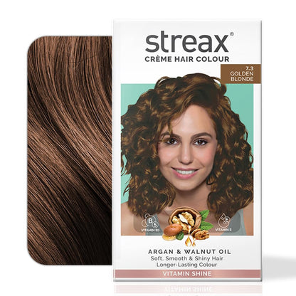 Streax Permanent Hair Colour, 100% Grey coverage, Infused with Argan and Walnut Oil, Long Lasting Cream Hair Colour for Women, Blonde hair Colour, 7.3 Golden Blonde