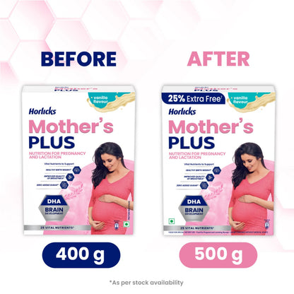 Horlicks Mother's Plus Vanilla Health Drink 500 g Refill Pack|| For Pregnancy & Lactation with Proteins for Healthy Birth Weight - No Added Sugar