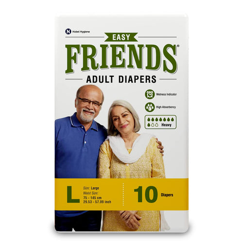 Friends Easy Adult Diapers Tape Style |10 Count (Large) | Waist 32.68-59.84 inch; 83-152 cm with odour lock | Unisex | Leakproof | Wetness Indicator and Anti-Bacterial Absorbent Core