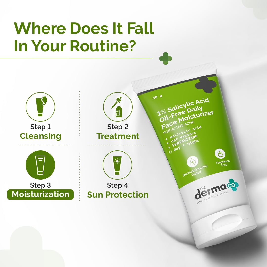 The Derma Co 1% Salicylic Acid Oil-Free Moisturizer For Face with Oat Extract | Fights Active Acne | Deeply Moisturizes | 50 g