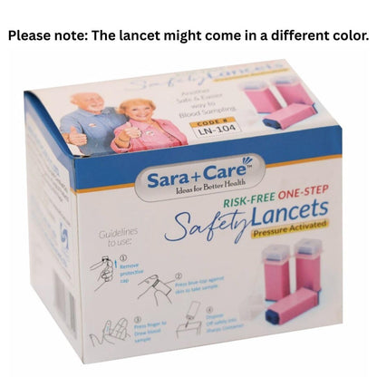 Sara+Care Sterile Safety Lancets – 100 Count | Single-Use, Pressure-Activated Lancets for Glucometer | Disposable & Painless Blood Sampling