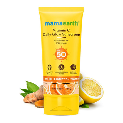 Mamaearth Vitamin C Daily Glow Sunscreen with Vitamin C & Turmeric | For Sun Protection, Tan Protection & Glow | SPF 50 & PA++++ Protection | No White Cast | Lightweight & Non-Sticky | Brightens Skin | In-Vivo Tested | For All Skin Types | 80 g