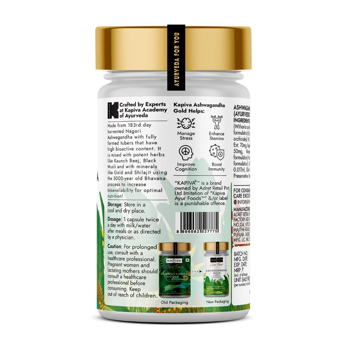 Kapiva Ashwagandha Gold 60 Caps |183rd day Nagori Ashwagandha | 5% Withanolide | Helps in Stress & Sleep Management | Improves Gym Performance | For Men & Women |100% Ayurvedic