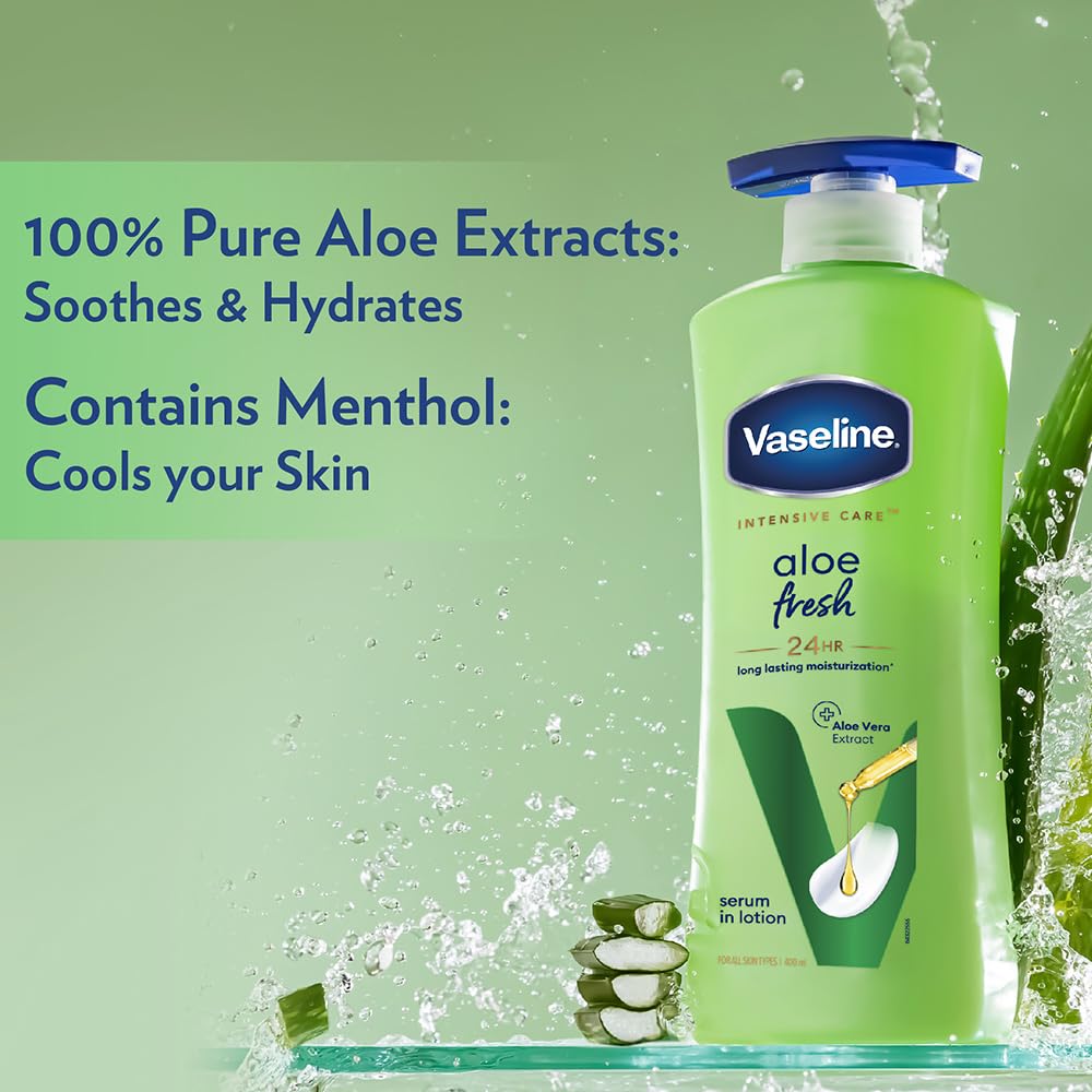Vaseline Aloe Fresh Body Lotion,24 HR Long Lasting Moisturisation with Aloe Vera extract and Menthol 90ml