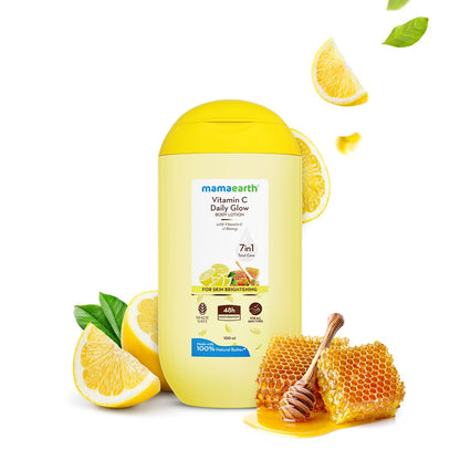 Mamaearth Vitamin C Daily Glow Body Lotion For Skin Brightening with Vitamin C & Honey - 100ml |Nourishes Dry Skin | 48 H Moisturization | 100% Natural Butter | Non-Greasy Smooth Skin | All Skin Types