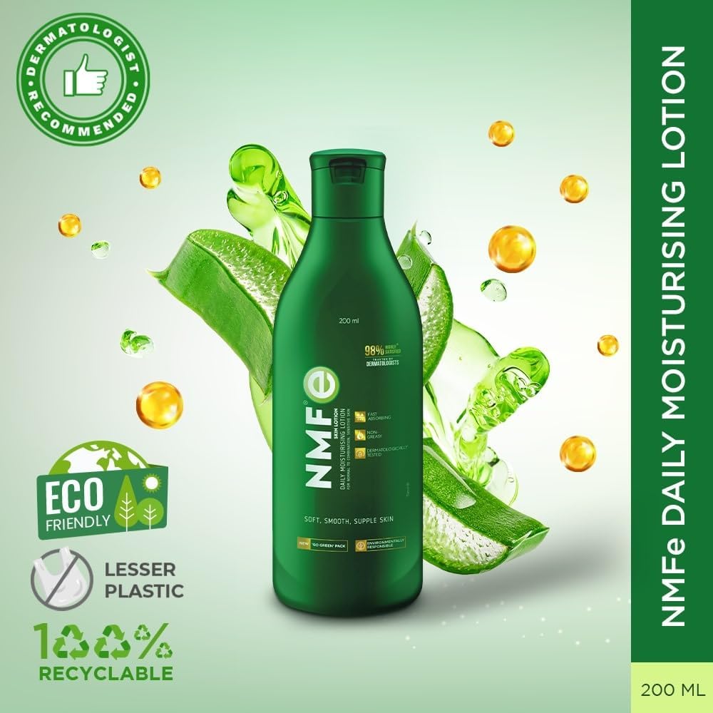 NMFe Skin Lotion 200ml | Daily Moisturising lotion | For all Skin type | Aloe vera & Vitamin E | Dermatologically Tested | Quick Absorbing, Non Greasy and Easily Spreadable