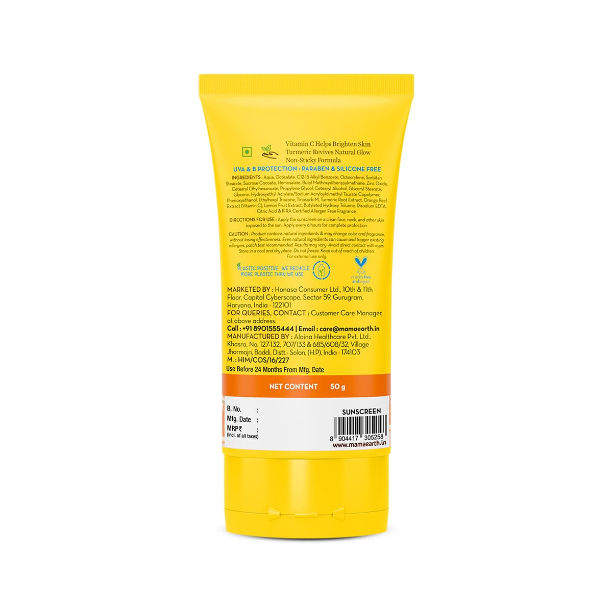 Mamaearth Vitamin C Daily Glow Sunscreen with Vitamin C & Turmeric | For Sun Protection, Tan Protection & Glow | SPF 50 & PA++++ Protection | No White Cast | Lightweight & Non-Sticky | Brightens Skin | In-Vivo Tested | For All Skin Types | 50 g