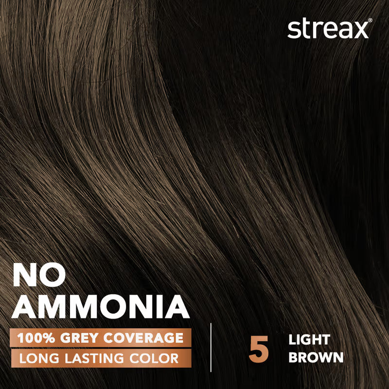 Streax Cream Hair Colour With 100% Grey Coverage & No Ammonia - 5 Light Brown