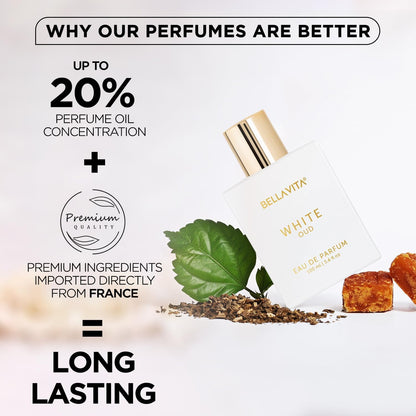 BELLAVITA White Oud Unisex | Long Lasting | Perfume for Man & Perfume for Woman | EDP 100ml | Orange, Patchouli, Musk | Oud, Citrus & Spicy Premium Fragrance