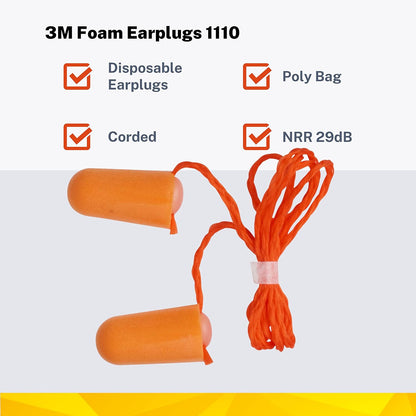 3M 1110 Ear Plugs Corded, Extra Soft, Reusable Earbuds Noise Cancellation, Soundproof Earplug Use For Underwater, Meditation, Study, Flight Travel, Sleeping, Sound Block Up To 29 Decibel