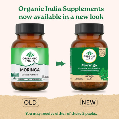 A TATA Product - Organic India Moringa Capsules - 60 Veg Caps, Essential Nutrition Superfood, Helps Naturally Boost Energy Level, Improves Stamina, Rich In Vitamins & Minerals, GMP & NPOP Certified Organic
