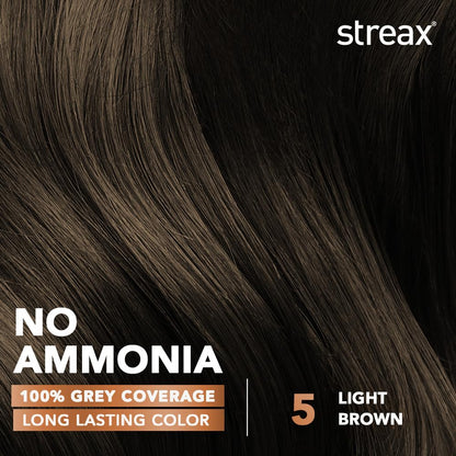 Streax Crème Permanent Hair Colour - 5 Light Brown Hair Color- 120 ml, 100% Grey coverage, Ammonia Free Hair Color, Long Lasting Hair colour for women