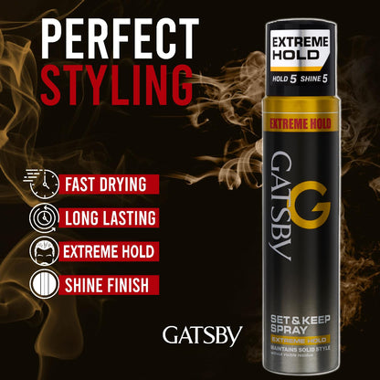Gatsby Set & Keep Hair Spray - Extreme Hold | Quick Drying, Long Lasting Hold, No Flaking & Natural Shine | Non Sticky & Easy Wash Off | Styling Hair Spray | 250ml