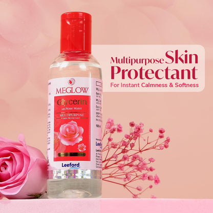 Meglow by Leeford | Glycerin with Rose Water | Rose Water for Face | Gulaab Jal for men & women | Cleanses, Hydrates & Moisturises Skin | Balances & Restores Skin's pH Levels - 100mL