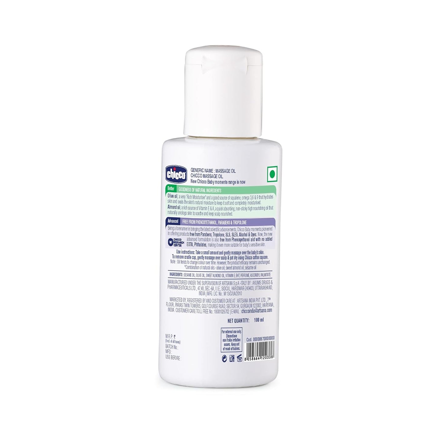 Chicco Baby Moments Massage Oil, New Advanced Non-sticky & Moisturizing Formula with Natural Ingredients to Prevent Dryness, Suitable for Baby’s Skin, Hair & Scalp, No Phenoxyethanol & Parabens (100ml)