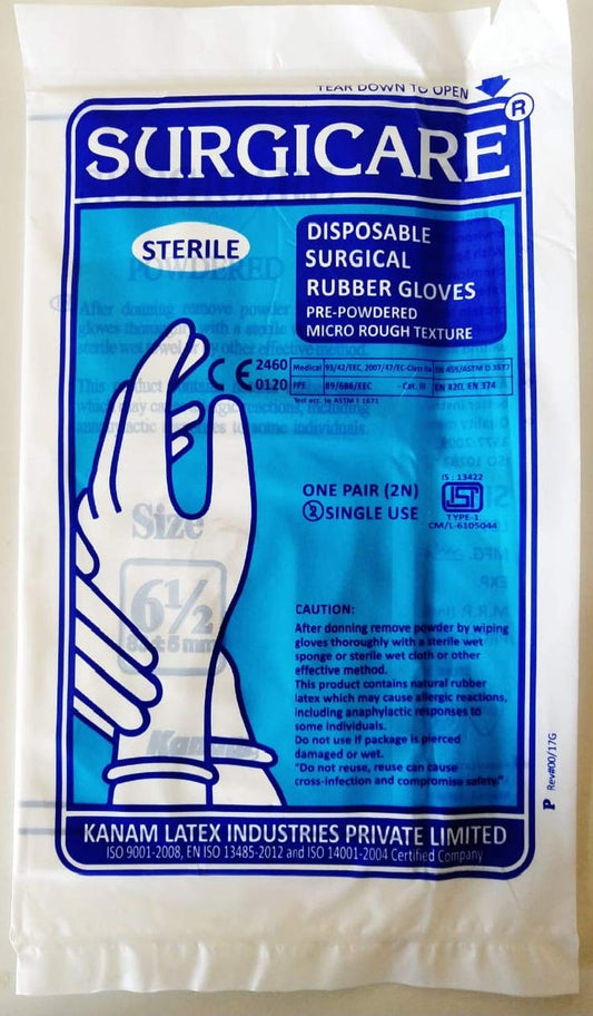 SURGICARE DISPOSABLE SURGICAL RUBBER GLOVES (6.5)