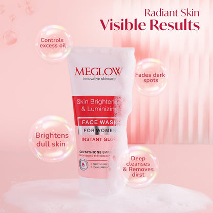 Meglow Women Facewash for Instant Glow & Deep Cleansing | Enriched with Vitamin C & Aloe Vera for Bright and Refreshed Skin | Gently Cleanse Dirt & Dead Skin Cells | 70g