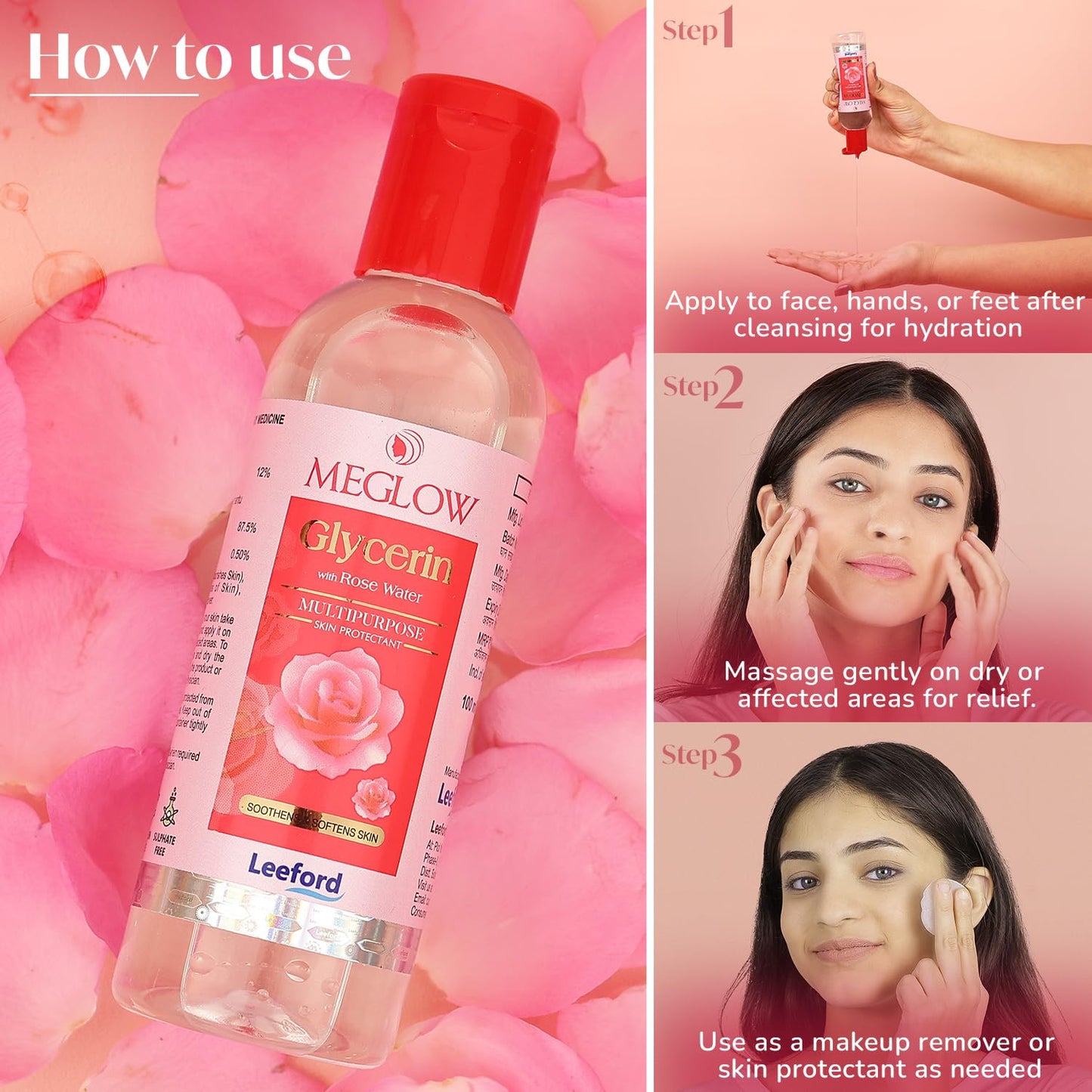 Meglow by Leeford | Glycerin with Rose Water | Rose Water for Face | Gulaab Jal for men & women | Cleanses, Hydrates & Moisturises Skin | Balances & Restores Skin's pH Levels - 100mL