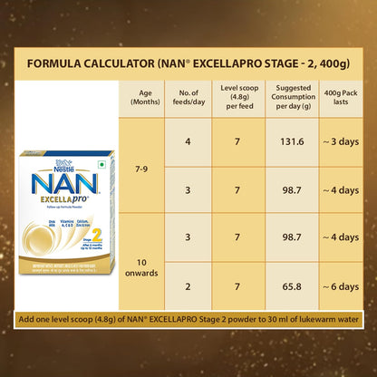 Nestlé NAN EXCELLAPRO Nan Stage 2 Follow-Up Formula Milk Powder For Babies, 6-12 months, with DHA, ARA, 400g Pouch in Box