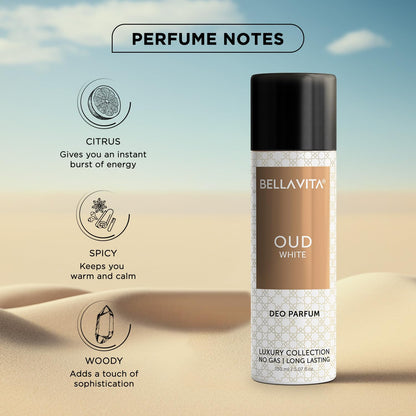 Bella Vita Luxury Oud White Body Deo 150ml | Perfume for Man | Gift for Man | No Gas Long Lasting Deodorant | Warm Woody, Fresh Citrus & Subtle Tobacco Notes