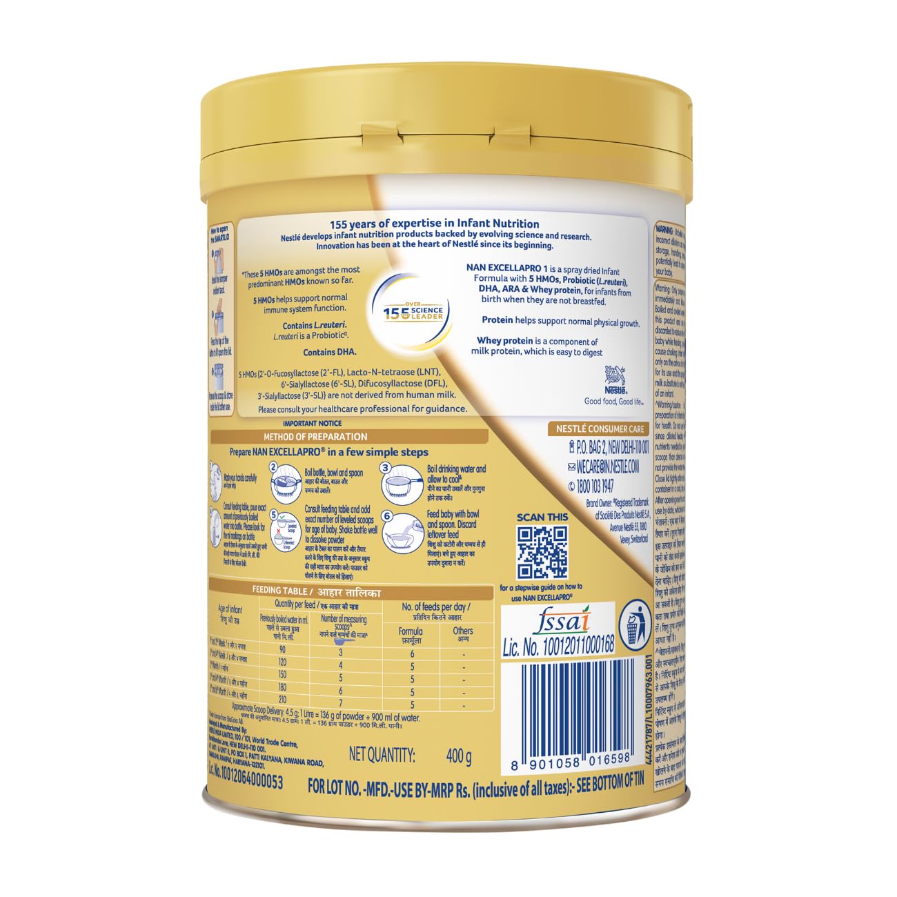 Nestlé NAN EXCELLAPRO Stage 1 Infant Formula Milk Powder with HMOs & Probiotic for Babies (Up To 6 Months), 400g Tin With Smartlid
