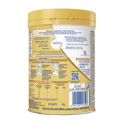 Nestlé NAN EXCELLAPRO Stage 1 Infant Formula Milk Powder with HMOs & Probiotic for Babies (Up To 6 Months), 400g Tin With Smartlid