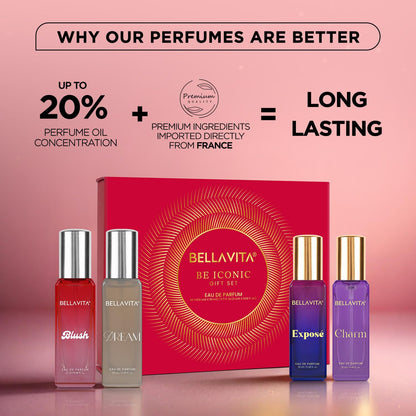 BELLAVITA Be ICONIC | Long Lasting Perfume Gift Set 4x20ml for Woman | with Red Fruits, Jasmine & Pink Pepper | Fruity, Floral Premium Fragrance for Women