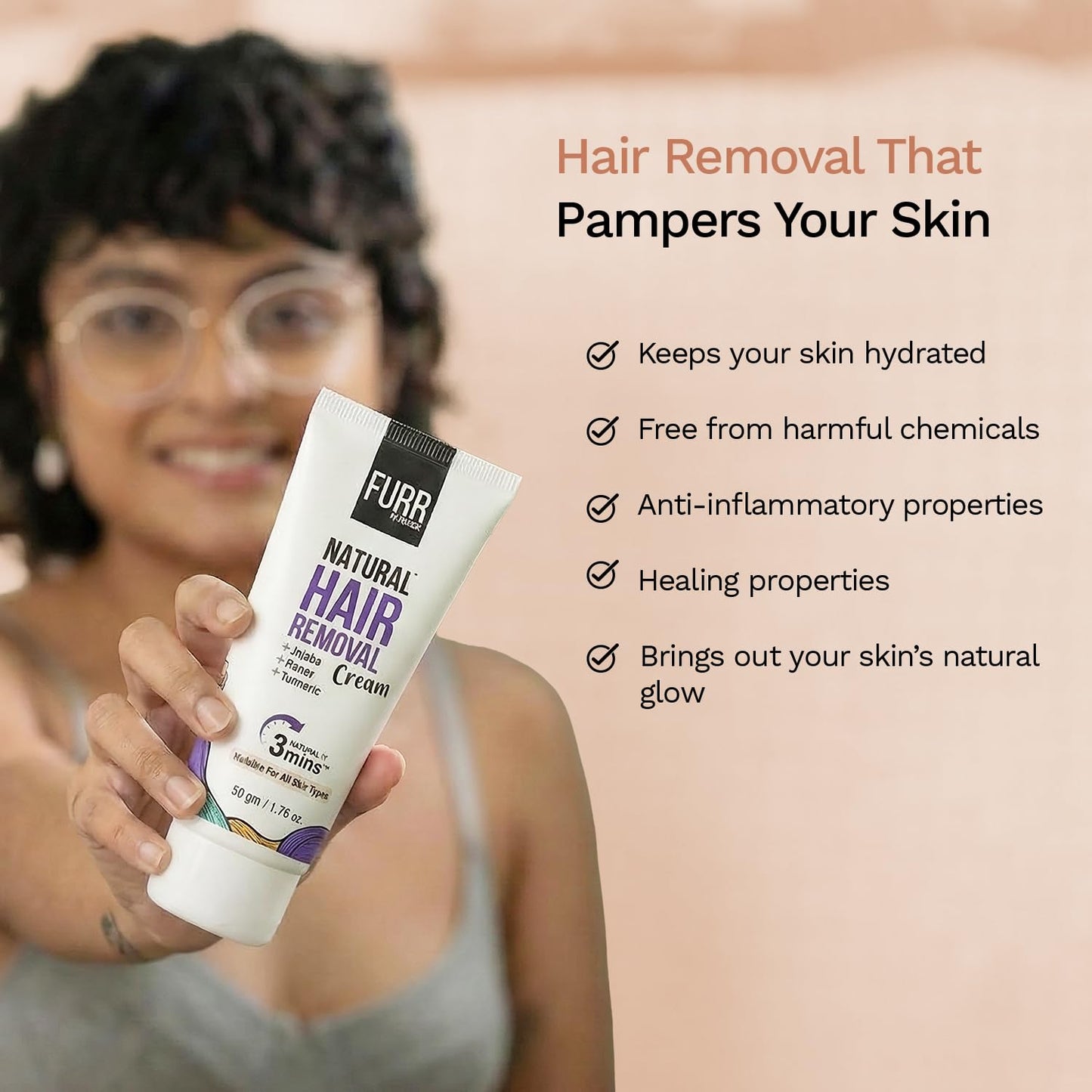 FURR Natural Hair Removal Cream -50gm | Removes Hair In 5 Minutes | Soothes Skin | Enriched With Vitamin E Turmeric, Honey, Jojoba Oil & Avocado | For Men and Women | Suitable For All Skin Types