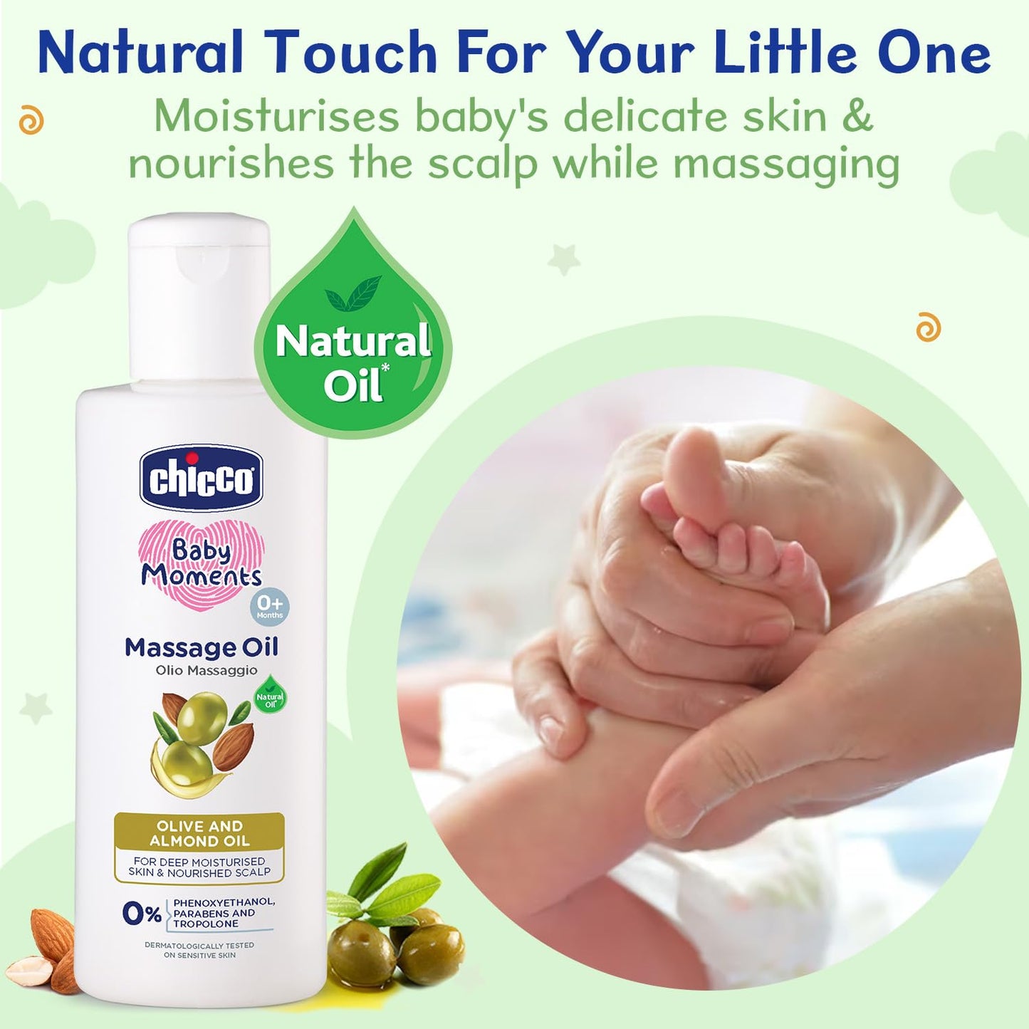 Chicco Baby Moments Massage Oil, New Advanced Non-sticky & Moisturizing Formula with Natural Ingredients to Prevent Dryness, Suitable for Baby’s Skin, Hair & Scalp, No Phenoxyethanol & Parabens (100ml)