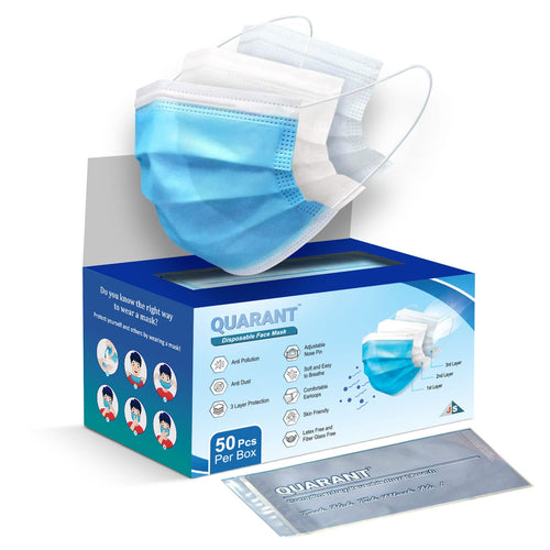 QUARANT Melt Blown - SMMS Fabric 3 Ply Disposable Face Mask with Nose Clip and Reusable Travel Pouch (Blue, Pack of 50) for Unisex