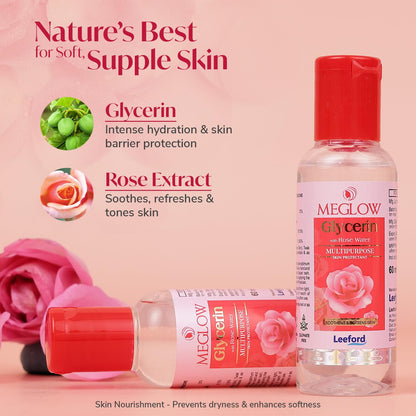Meglow by Leeford | Glycerin with Rose Water | Rose Water for Face | Gulaab Jal for men & women | Cleanses, Hydrates & Moisturises Skin | Balances & Restores Skin's pH Levels - 100mL