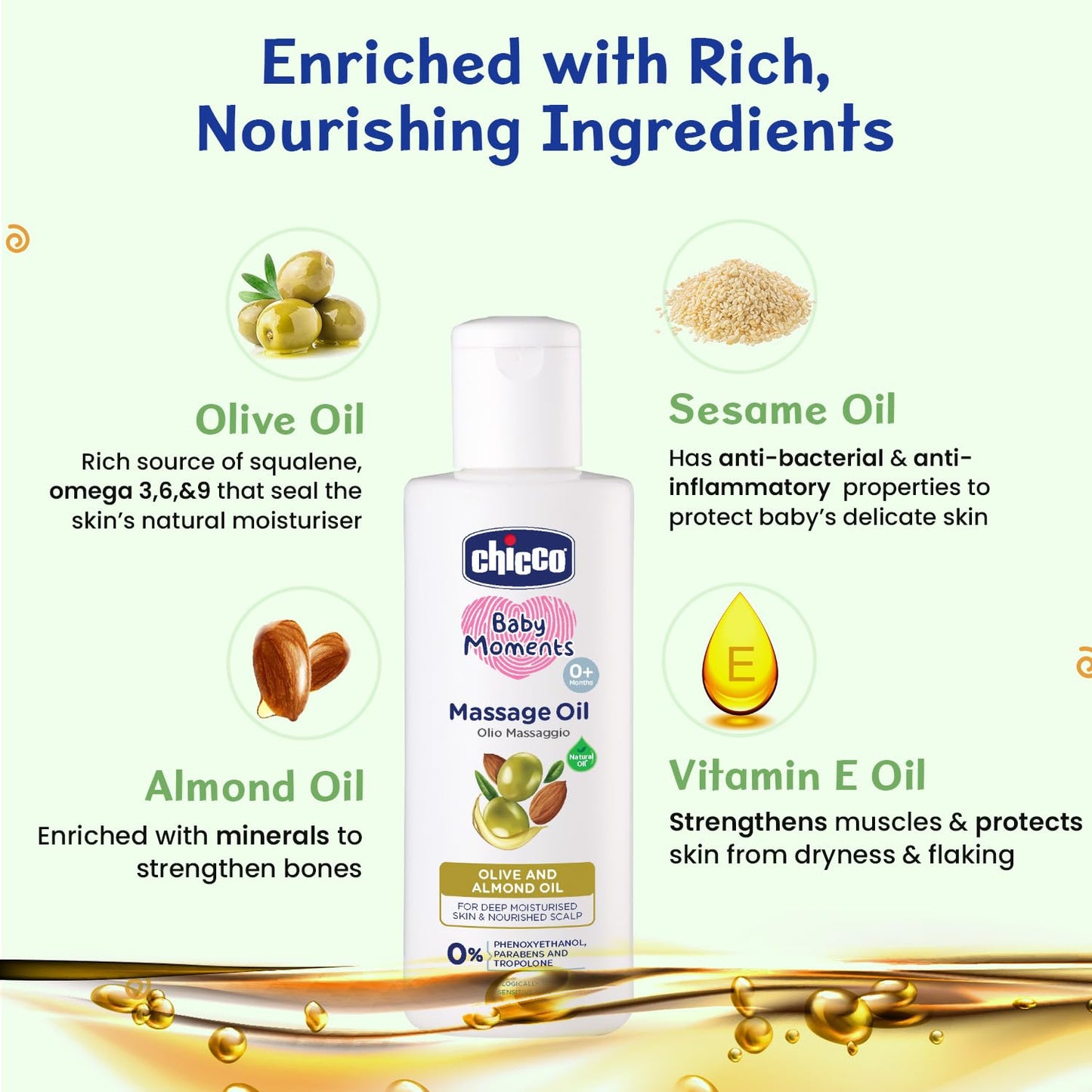 Chicco Baby Moments Massage Oil, New Advanced Non-sticky & Moisturizing Formula with Natural Ingredients to Prevent Dryness, Suitable for Baby’s Skin, Hair & Scalp, No Phenoxyethanol & Parabens (100ml)