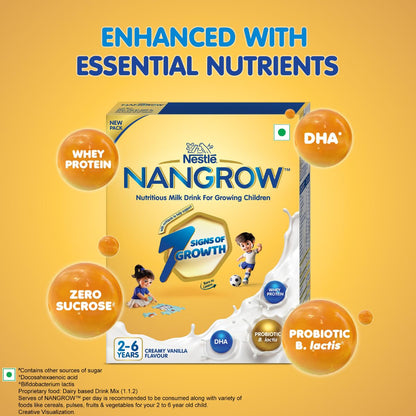 Nangrow Nutritious Milk Drink Powder For Growing Children Toddler Aged 2-6 Years | Contains DHA | Rich In Protein & Vital Nutrients | Creamy Vanilla Flavor, 400g, BIB Pack (Package May Vary)