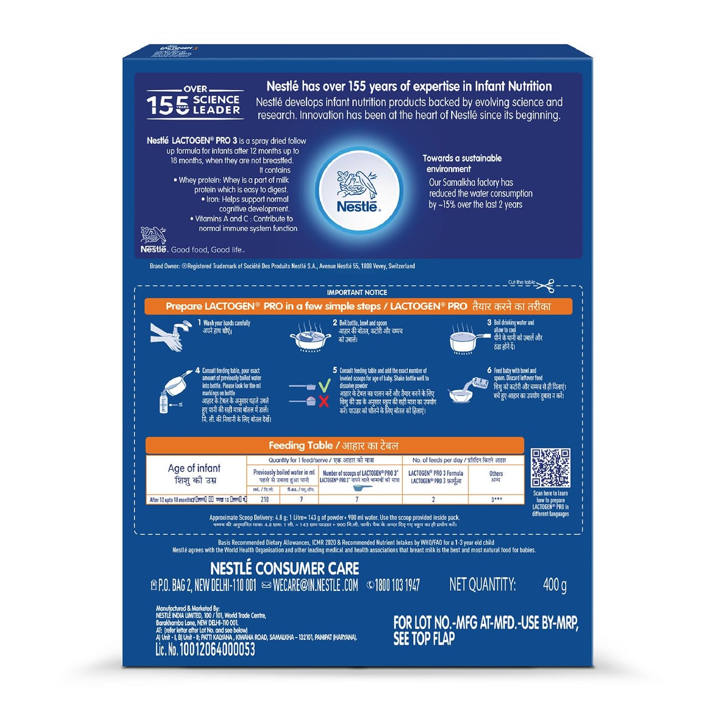 Lactogen Pro 3, Follow-Up Formula With Iron, Whey Protein And Vitamins, After 12 Months Up To 18 Months, Bag-In-Box Pack, 400g, Powder