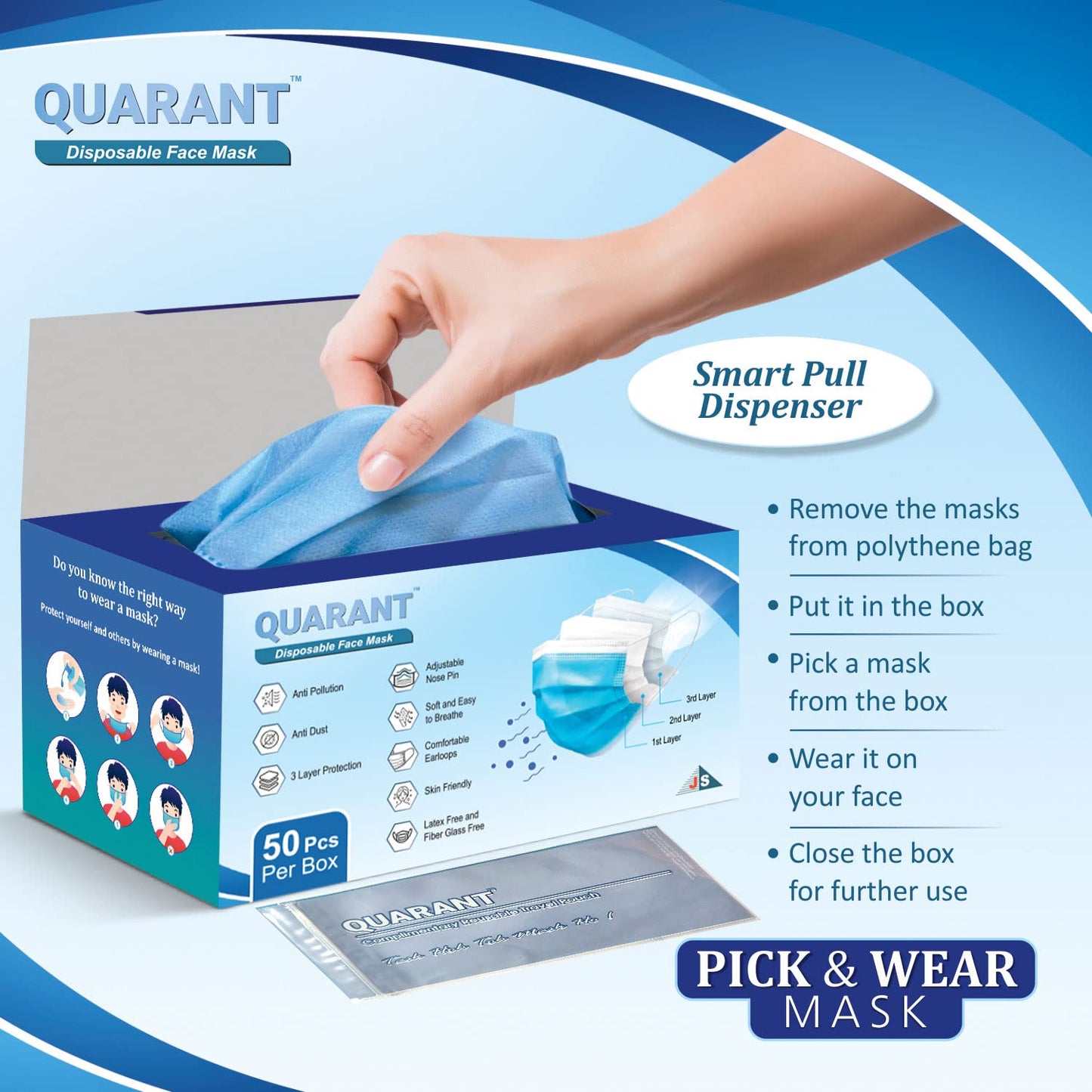 QUARANT Melt Blown - SMMS Fabric 3 Ply Disposable Face Mask with Nose Clip and Reusable Travel Pouch (Blue, Pack of 50) for Unisex