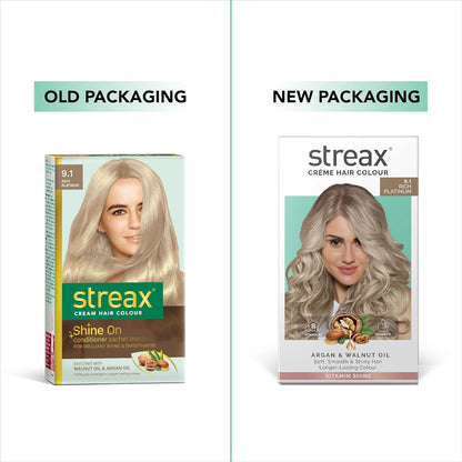 Streax Permanent Hair Colour, 100% Grey coverage, Infused with Argan and Walnut Oil, Long Lasting Cream Hair Colour for Women, Ash Hair Color, 9.1 Rich Platinum, 120 ml