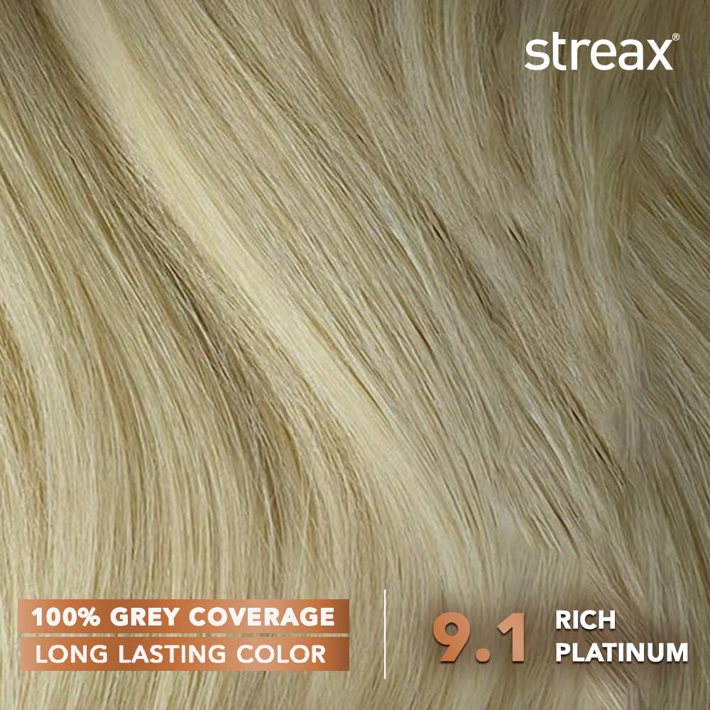 Streax Permanent Hair Colour, 100% Grey coverage, Infused with Argan and Walnut Oil, Long Lasting Cream Hair Colour for Women, Ash Hair Color, 9.1 Rich Platinum, 120 ml